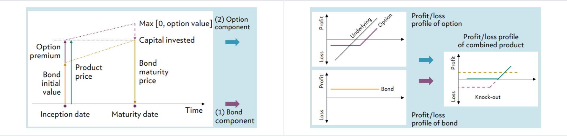 Example – Capital protection product: combination of (1) zero-coupon bond and (2) call option. Cash flows and profit/loss profiles at maturity date.