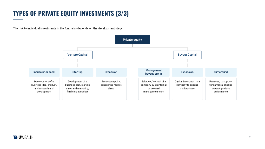 Private equity development stages: venture capital (incubator or seed, start-up, expansion) and buyout capital (management buyout/buy-in, expansion, turnaround)